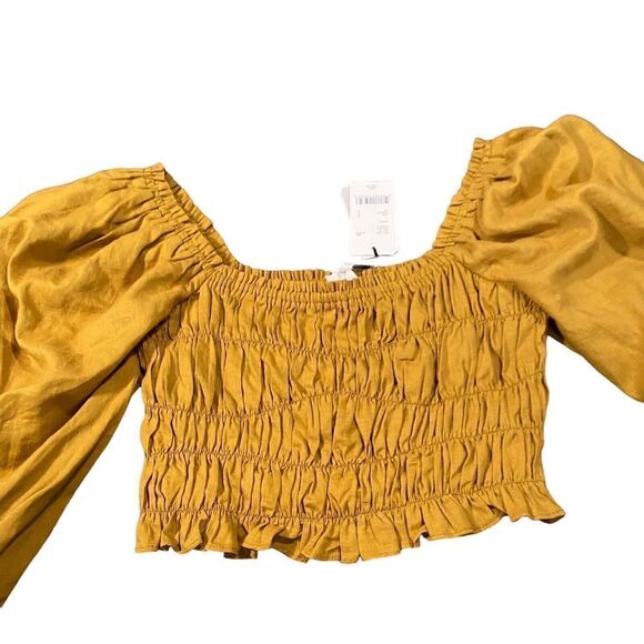 NWT A Loves A Straw Mustard Ruched Puff Long Sleeve Cropped Blouse Linen Blend S - Picture 2 of 12